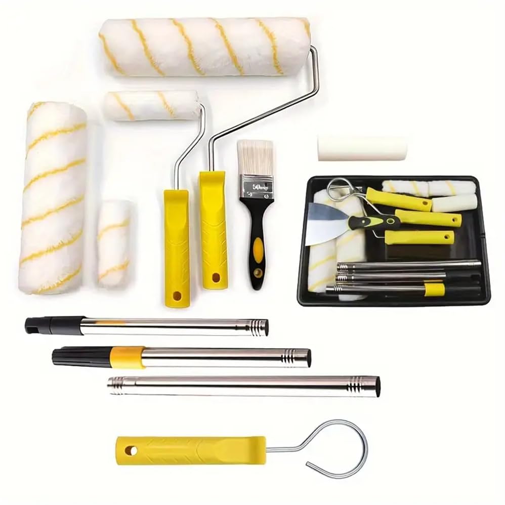 12-Piece Paint Roller Set with Extension Pole, Microfiber Roller Covers, Paint Tray, Metal-Plastic Construction, Roller Frames, Home Painting Supplies for Walls, Ceilings, Doors, and Trim
