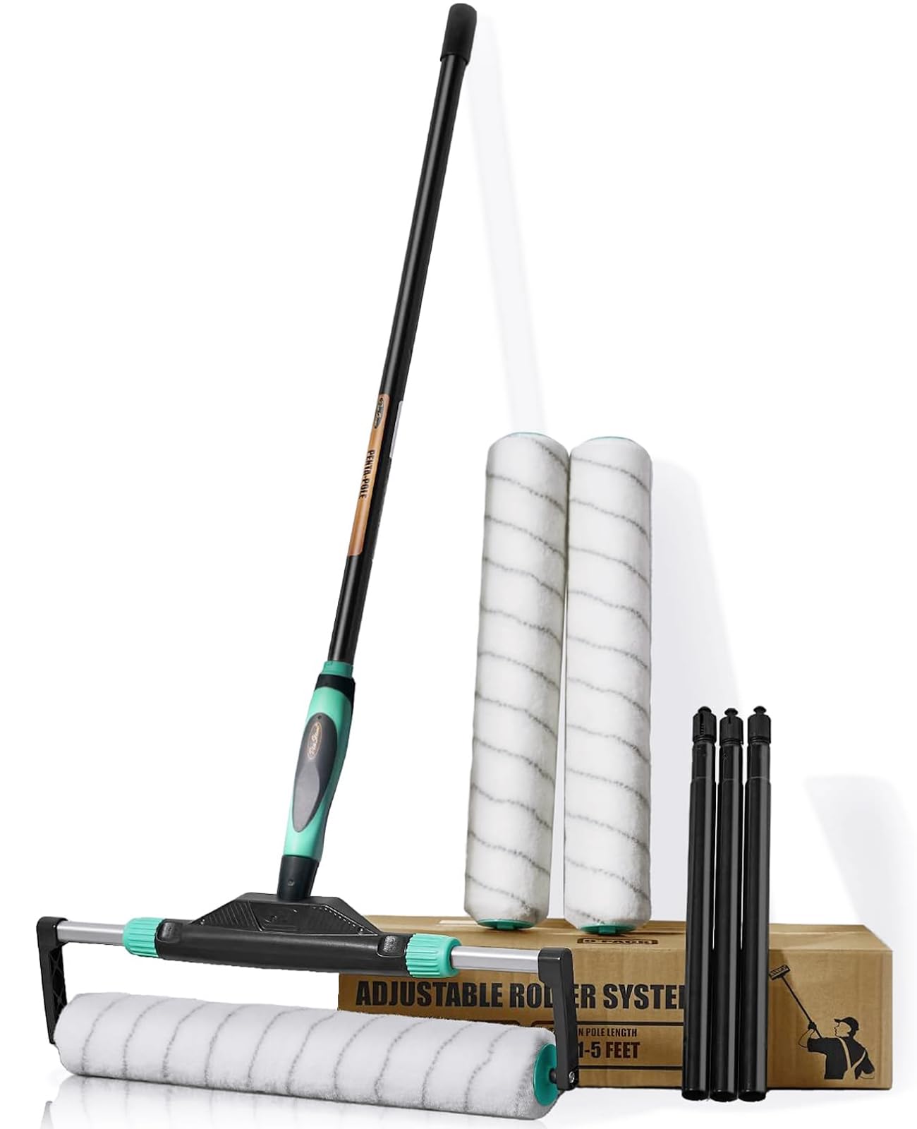 10Pcs PinStone Large Paint Roller Kit,12''-18'' Adjustable Frame,Ergonomic Handle,1-5 Ft Steel Extension Poles,3 pcs 18'' Nylon Covers,Walls,Ceiling,Floors,Indoor,Outdoor, Black & Green, (RS018-1)