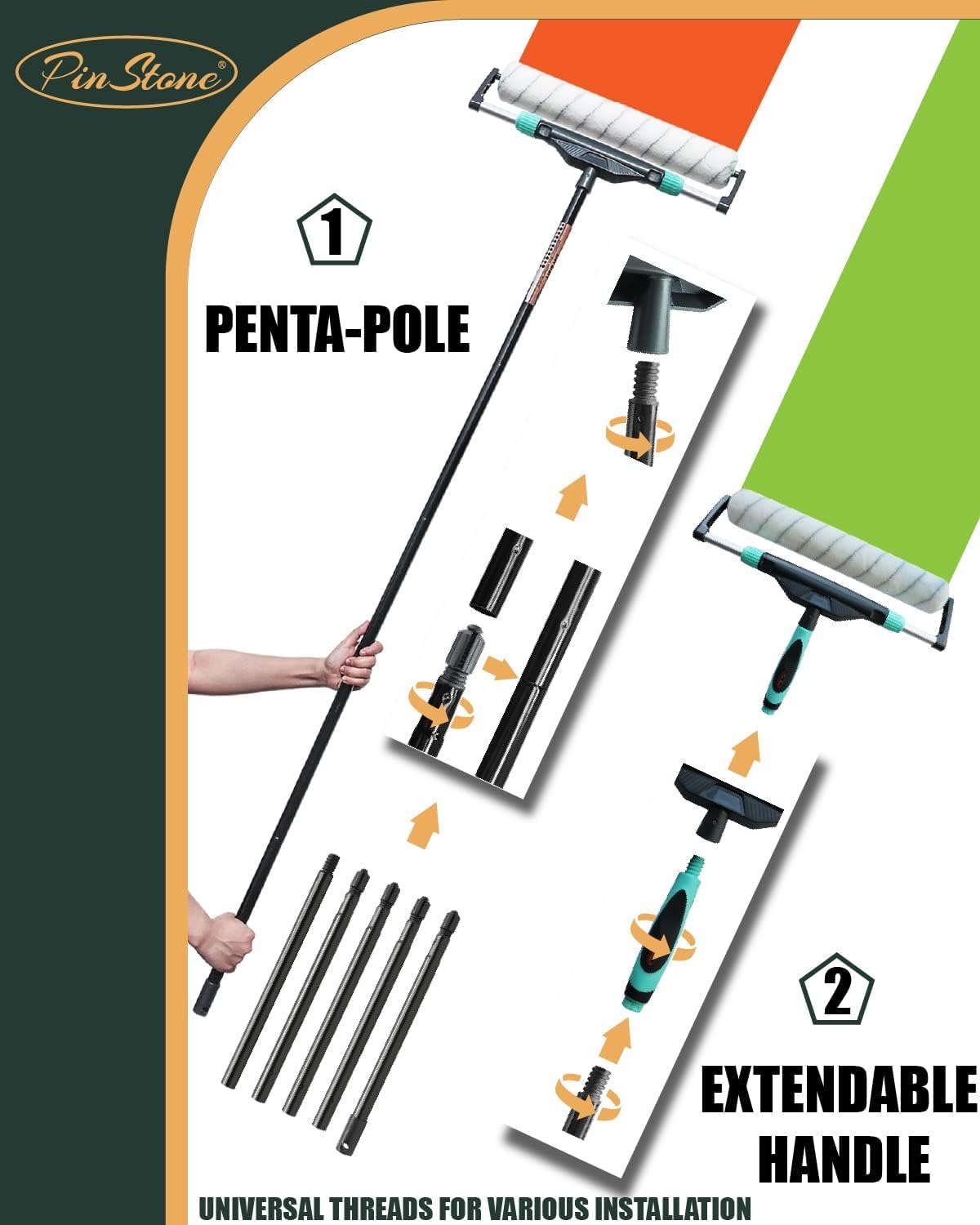 10Pcs PinStone Large Paint Roller Kit,12''-18'' Adjustable Frame,Ergonomic Handle,1-5 Ft Steel Extension Poles,3 pcs 18'' Nylon Covers,Walls,Ceiling,Floors,Indoor,Outdoor, Black & Green, (RS018-1)