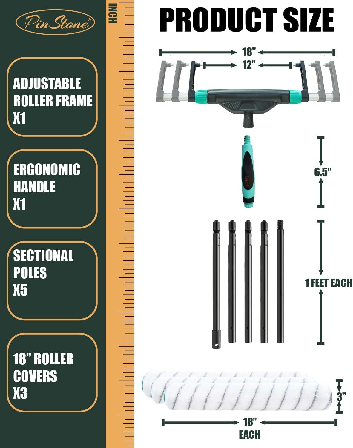 10Pcs PinStone Large Paint Roller Kit,12''-18'' Adjustable Frame,Ergonomic Handle,1-5 Ft Steel Extension Poles,3 pcs 18'' Nylon Covers,Walls,Ceiling,Floors,Indoor,Outdoor, Black & Green, (RS018-1)