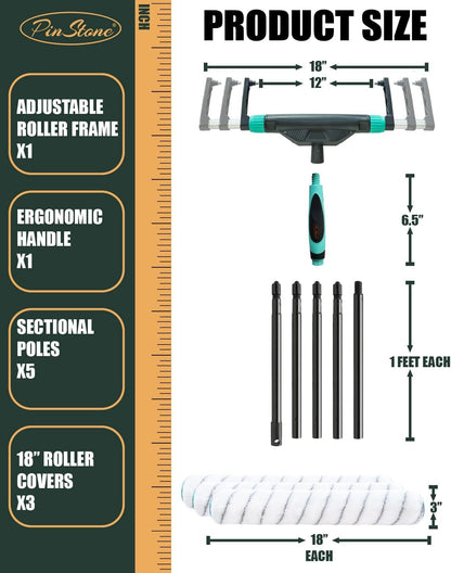 10Pcs PinStone Large Paint Roller Kit,12''-18'' Adjustable Frame,Ergonomic Handle,1-5 Ft Steel Extension Poles,3 pcs 18'' Nylon Covers,Walls,Ceiling,Floors,Indoor,Outdoor, Black & Green, (RS018-1)