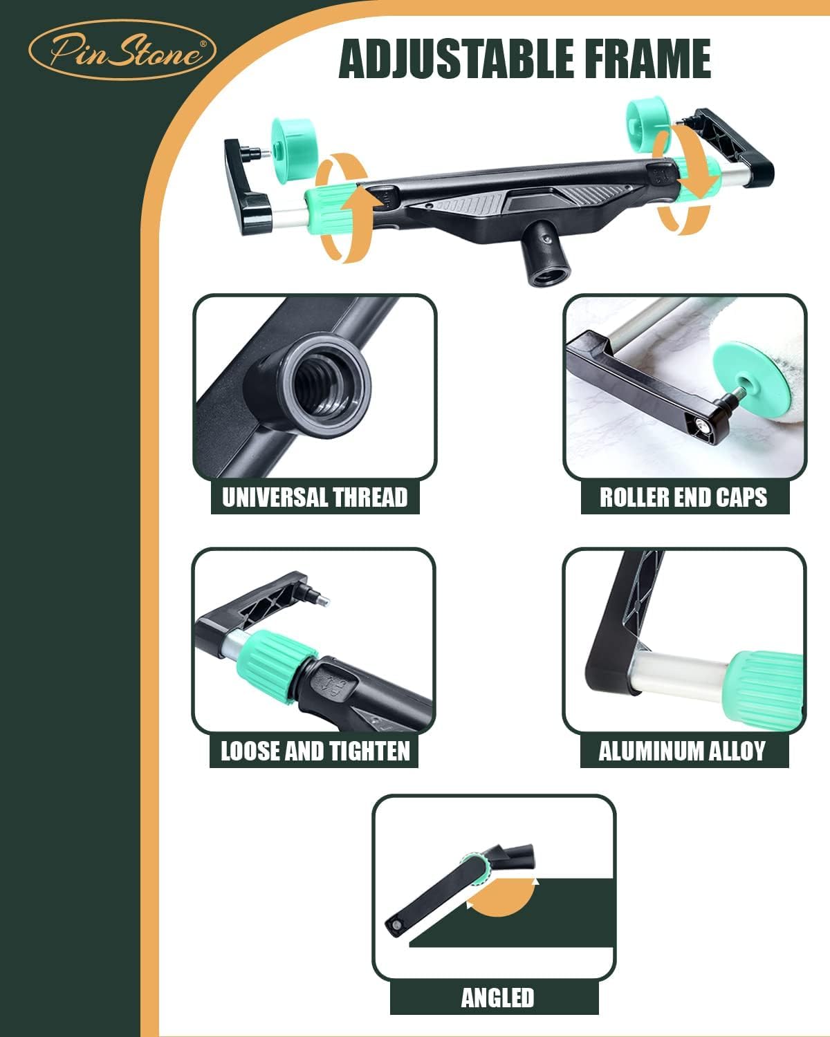 10Pcs PinStone Large Paint Roller Kit,12''-18'' Adjustable Frame,Ergonomic Handle,1-5 Ft Steel Extension Poles,3 pcs 18'' Nylon Covers,Walls,Ceiling,Floors,Indoor,Outdoor, Black & Green, (RS018-1)