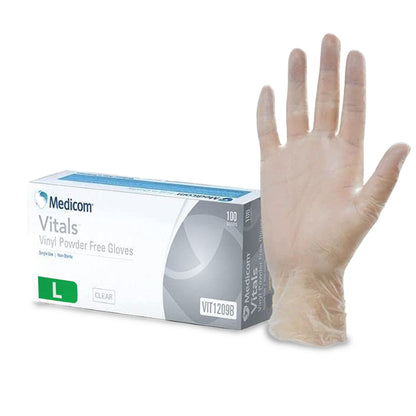 Medicom Vitals Vinyl Disposable Gloves - 100 Pack (Large) - Clear, Latex-Free, Powder-Free, Multipurpose Safety Gloves