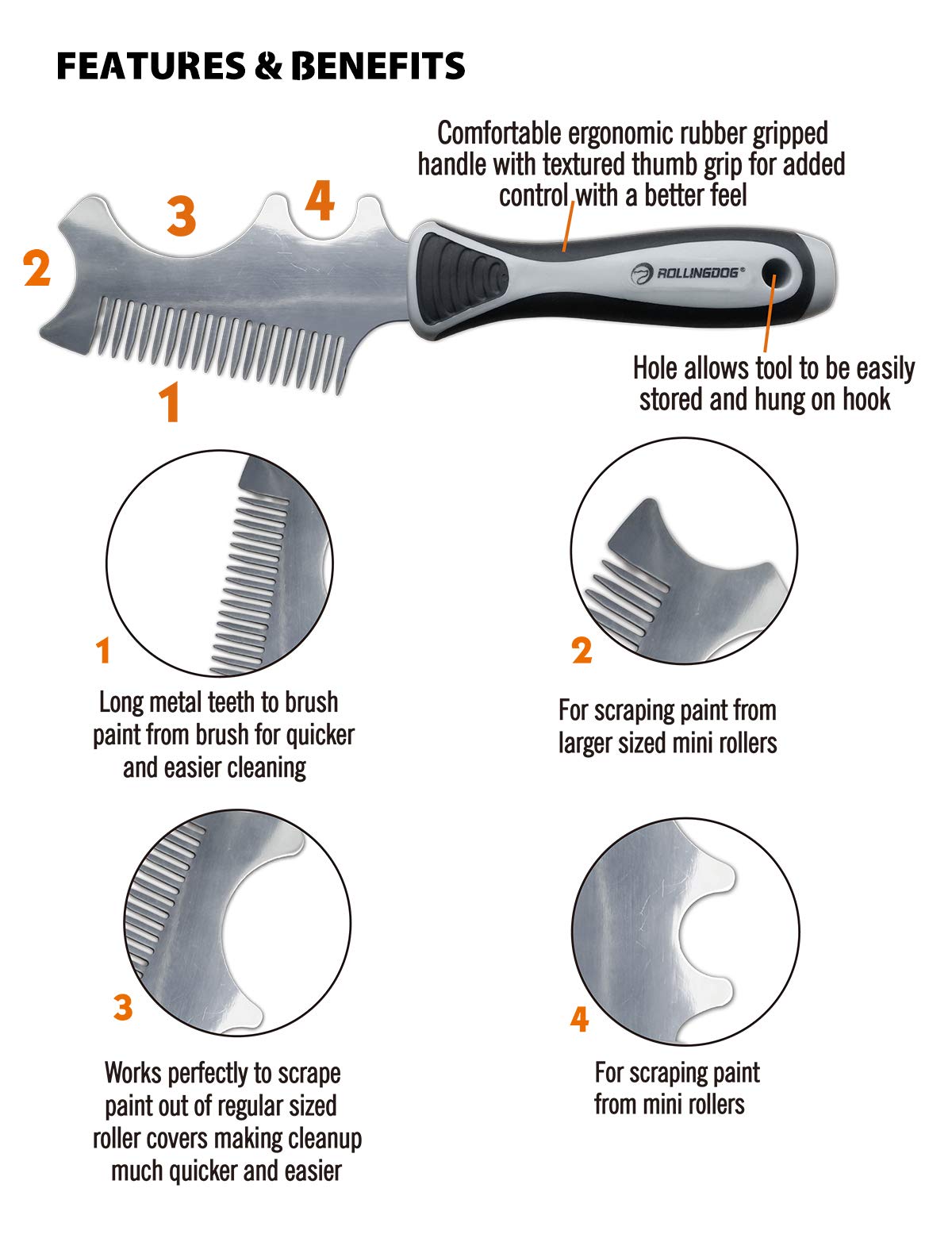 ROLLINGDOG 4 in 1 Paint Brush Comb - Paint Brush Roller Cleaner Tool,Heavy Weighted for Sufficient Cleaning and Maintaining Your Paintbrushes and Rollers