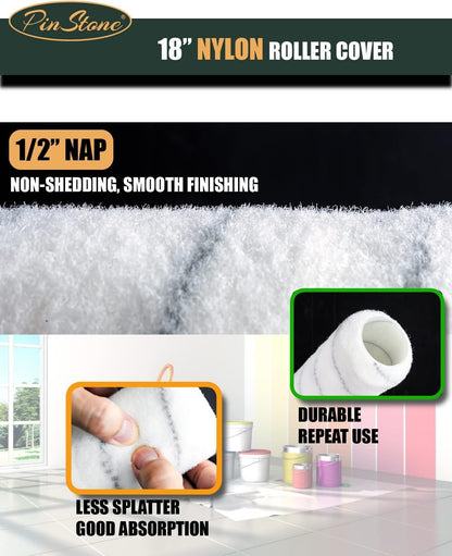 10Pcs PinStone Large Paint Roller Kit,12''-18'' Adjustable Frame,Ergonomic Handle,1-5 Ft Steel Extension Poles,3 pcs 18'' Nylon Covers,Walls,Ceiling,Floors,Indoor,Outdoor, Black & Green, (RS018-1)