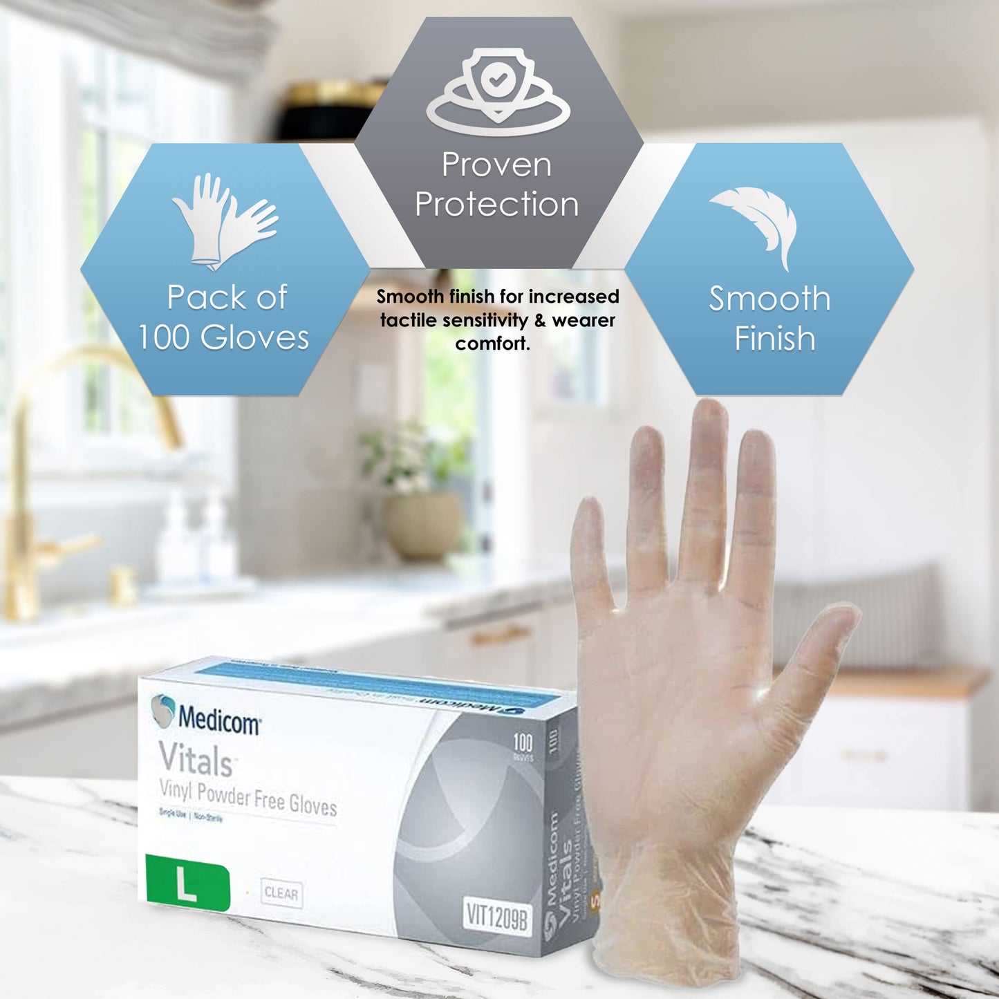 Medicom Vitals Vinyl Disposable Gloves - 100 Pack (Large) - Clear, Latex-Free, Powder-Free, Multipurpose Safety Gloves
