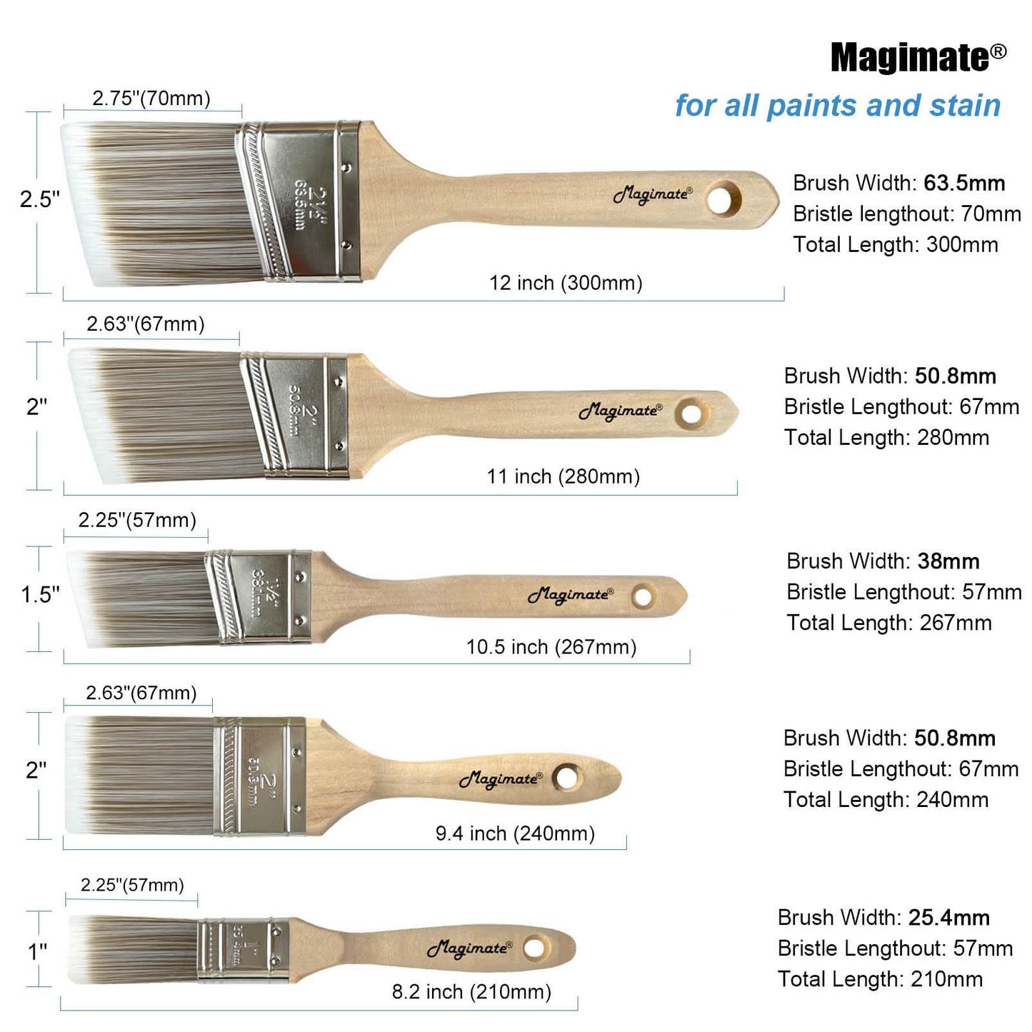 Magimate Wood Stain Brush Angled Sash Paint Brush Wall Trim Furniture Painting House Touch-ups Assorted Lacquer Brushes 1 inch 1.5inch 2inch 2.5inch Flat Slanted Brushes Variety Pack of 5